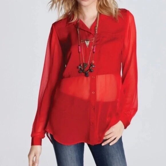 Free People Oversized Sheer Button Down Shirt Red Size Small - Picture 1 of 7